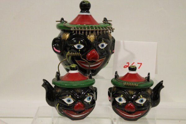 Black Americana Thames? Redware Black Clown Large: Black Americana Thames? Redware Black Clown large sugar bowl, salt & pepper shakers