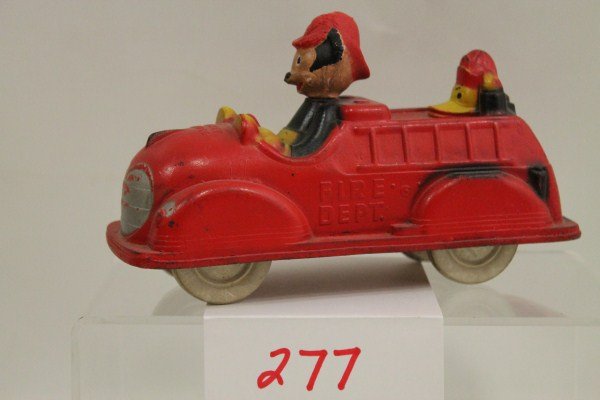 Sun Rubber Co Hard Rubber Toy – Mickey Mouse and D: Sun Rubber Co Hard Rubber Toys: Mickey Mouse and Donald Duck in Fire Truck, Walt Disney Productions, 6 1/2" long