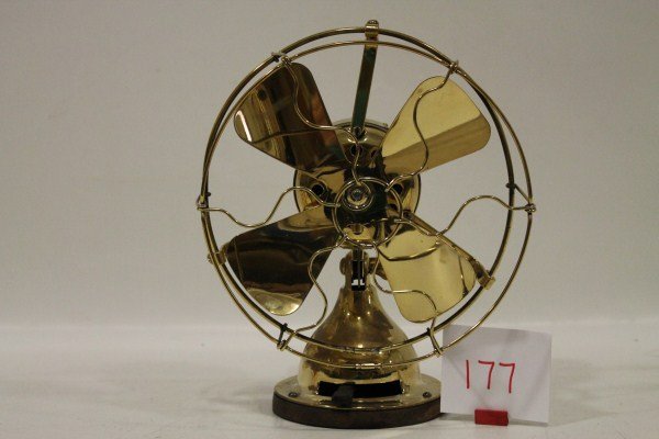 Trojan Brass Fan With Brass Cage Emerson Electric: Trojan Brass Fan With Brass Cage Emerson Electric Mfg; polished, plate info - No. 413427, Type 5 3644, 110 volts, 60 cycles, 10" high