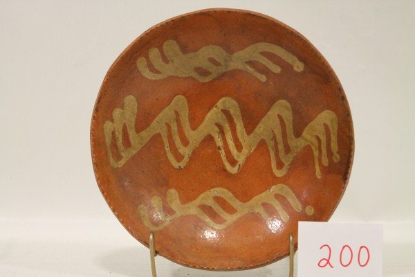 Early to Mid 1800s Redware Coggle Edged and Slip D: Early to Mid 1800s Redware Coggle Edged and Slip Decorated Deep Dish, 3 squiggle rows, 10 1/4" across