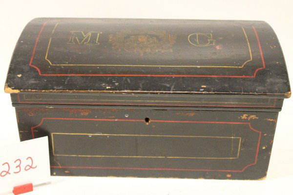 Black Lacquered Dome Topped Pine Document Box with: Black Lacquered Dome Topped Pine Document Box with Federal Shield Decoration; pin striping, MG on lid with Federal Shield between, 13" long x 6 1/2" deep x 6 1/2" high