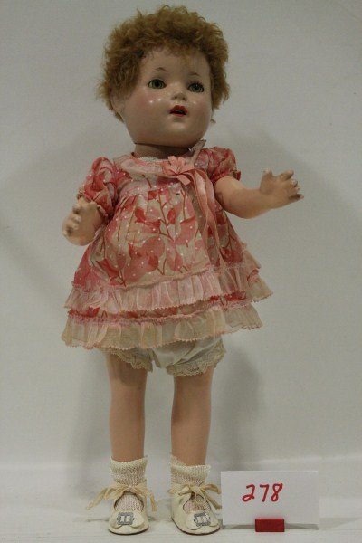 Effanbee Patsy Joan Composition Doll with Caracul: Effanbee Patsy Joan Composition Doll with Caracul Wig & Original Outfit; shoes, socks, undies, o/mouth with teeth, o/c eyes, 16" high