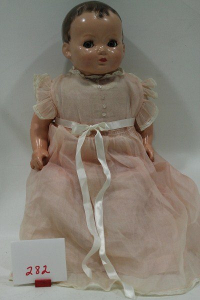 Effanbee Flirty Eyes / Bright Eyes Baby Doll in Or: Effanbee Flirty Eyes / Bright Eyes Baby Doll in Original Organdy Outfit; booties, undies, ribbon belt, 19" high