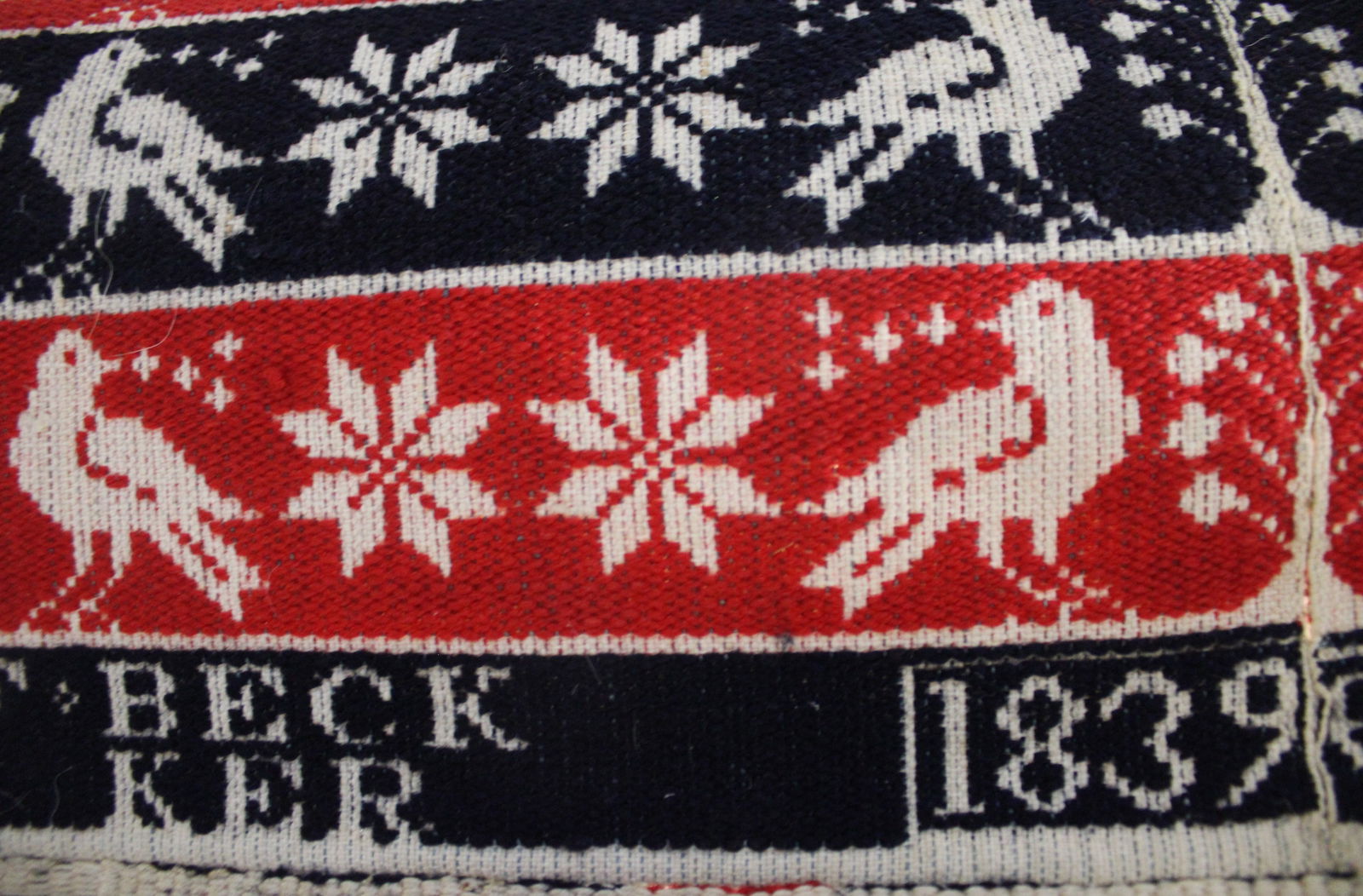 Dated 1839 Red, Navy & Ecru Wool Coverlet (1 of 4)