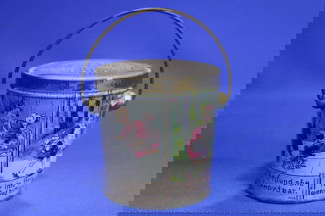 Tin Candy Container Pail Little Red Riding Hood: Antique Lithographed Tin Candy Container Pail Little Red Riding Hood Nursery Rhyme - advertising for Lovell & Covel Boston, original lid, 3" H, plus bail handle. No issues.