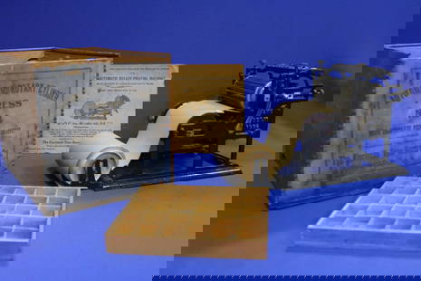 1904 Printing Machine No 3 w/Crate & More: Automatic Rotary Printing Machine, No. 3, Patd Oct 11, 1904 - salesman sample, child's toy or small printer, mfg. Cincinnati Time Recorder Co, complete as shipped, embossed cast iron, roll of