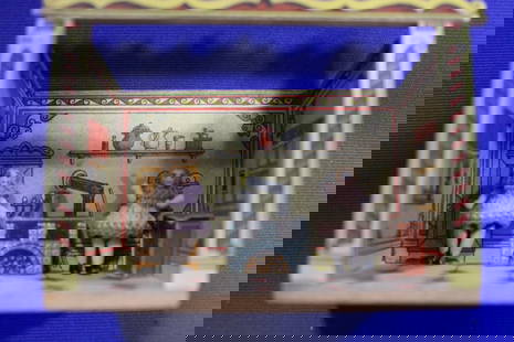 Carl Horn Dolls in Tiny Kitchen Diorama: Carl Horn Dolls in Tiny Lithographed Paper on Wood Kitchen Room Box Diorama - original owner's tag "Kitchen room from cigar box decorated with lithographed paper. Stove and cabinet are wood on paper.