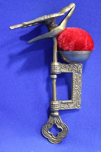 Rare Gilded Brass Sewing Bird Clamp: Rare Gilded / Polished Brass Sewing Bird Clamp - no markings, replaced velvet to pincushion, good spring would hold fabric tight as expected, 7" H. No issues other than replaced velvet.