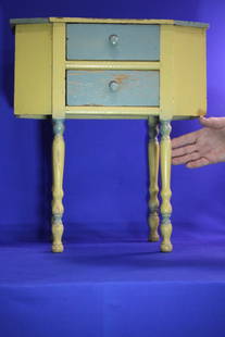 Child's Martha Washington Sewing Cabinet: Child's Size Martha Washington Sewing Stand / Cabinet - original green and cream paint, 2 drawers with lift top ends, stenciled sides, flaking paint, 17 1/2" W x 9" D x 20" H. We can ship this cute