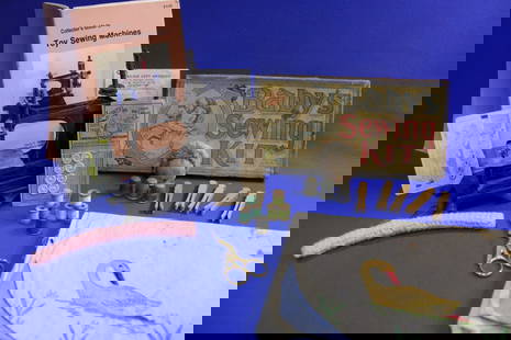 Doll Child's Sewing Machine & Sewing Items: Doll's / Child's Sewing Machine & Sewing Items - Milton Bradley's boxed "Baby Sewing Kit" 4209, contents sewing punched cards, used, good graphics on lid; 5 small wooden clothes pins; Mundial Italy