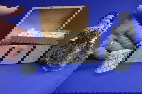 4" H Frozen Charlotte Doll & Trunk: Frozen Charlotte Doll & Trunk - 4" H, one-piece porcelain doll with molded, painted black hair, painted features, blue eyes, brows, closed mouth and rosy cheeks, period off the shoulder dress, no