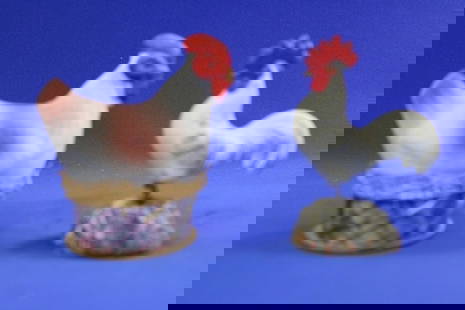 1910 Easter Chicken Candy Container & Spring Toy: 1910-1930s Easter Chicken Candy Container & Spring Action Toys - candy container stamped Germany on underside of base / candy box, paper mache hen sitting on nest, 3 1/2" H; chalkware rooster with