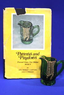 1897 Child's Pennsylvania Corn Pattern & More: 19th C Green Children's Pennsylvania Pattern Glass Pattern & Reference Book - 1) green "Corn" pattern pitcher w/ gold / trim highlights, 3 1/2" H; 2) reference book: "Corn" featured on the front of