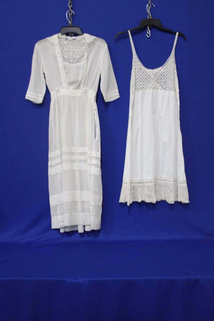 Edwardian White Day Dress & Lacy Underslip: Victorian Edwardian White Day Dress & Cotton Lacy Underslip - dress has delicate lace front insert and collar with lace trim, 24" waist, 17" across underarm to underarm seams, 45" L; under slip with f