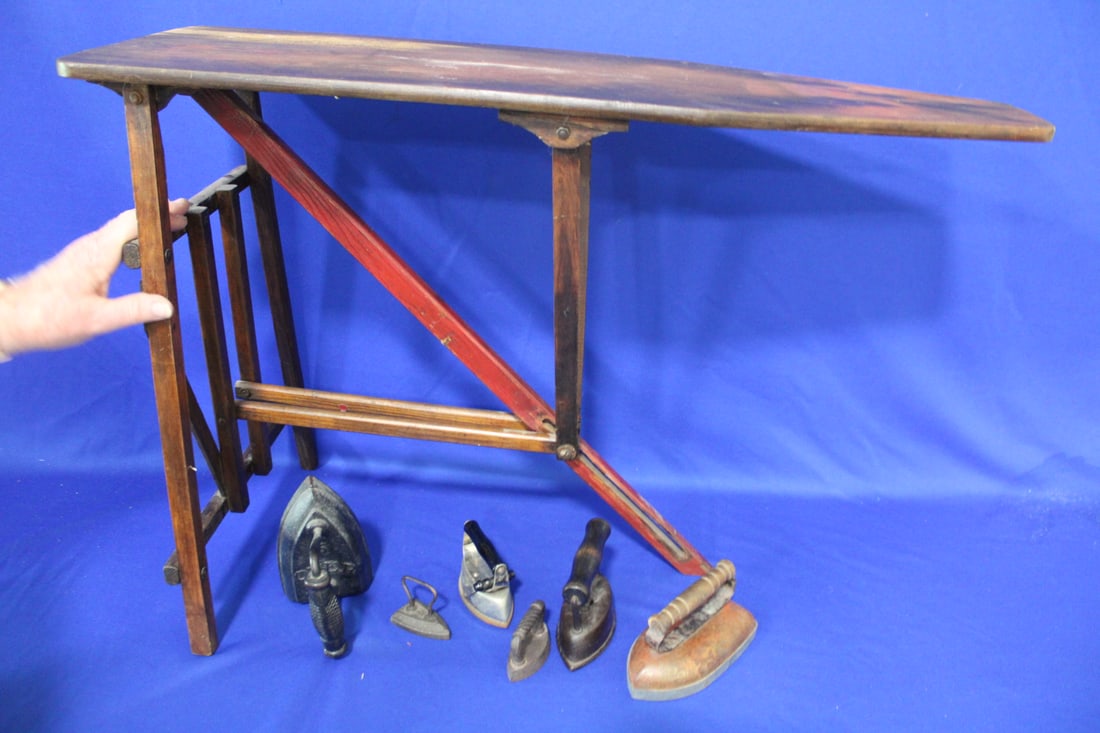 Unusual Child's / Size Oak Ironing Board & Irons (1 of 3)