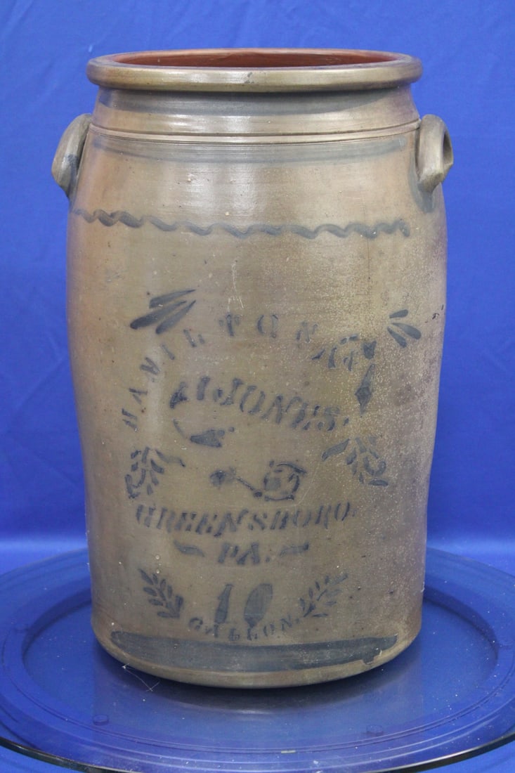 1875 Hamilton & Jones Rare 10 G Stoneware Jar - Revised Listing!: Circa 1875 Hamilton & Jones Rare10 Gallon Stenciled and Cobalt-Decorated Stoneware Jar - stenciled "HAMILTON & JONES. / GREENSBORO. / PA", over-sized cylindrical jar with tooled shoulder, protruding r