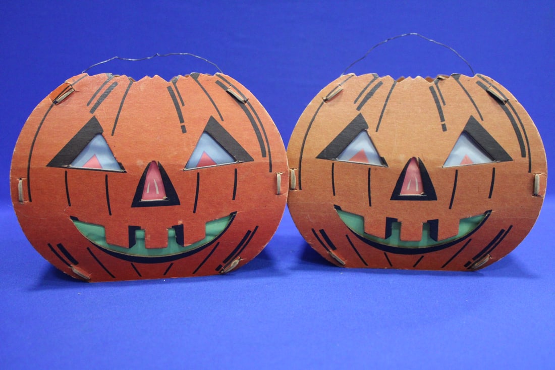Halloween Jack-o-Lanterns Candle w/Paper Inserts: Halloween Jack-o-Lanterns / Candle Lanterns w/ Paper Inserts - matched pair of pumpkins, complete with original candle holders, wire handles and paper face inserts. 6" H. No Issues.