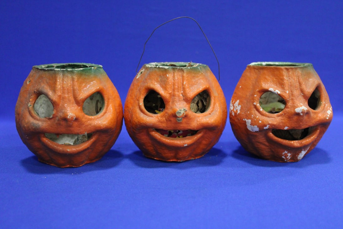 3 Miniature Halloween Jack-O-Lanterns / Pumpkins: 3 Miniature Halloween Jack-O-Lanterns / Pumpkins - matched group of 3, 4 1/2" H, each lacking paper inserts and 2 lacking wire handles.