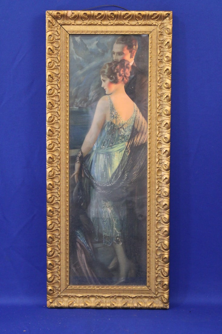 Yard Long Print Lady & Gentleman w/ Advertising: Yard Long Print Lady & Gentleman w/ Advertising - framed, 38 x 10", reverse with printed ad under glass. No issues.