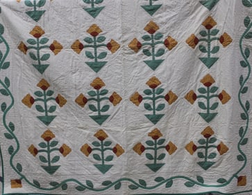 Early 20th C Applique Quilt w/ Stemmed Flowers