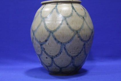 Cobalt Fishscale Decorated Stoneware Jar