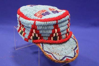 1900s Sioux Indian Beaded Kepi Hat w/ Amer Flags