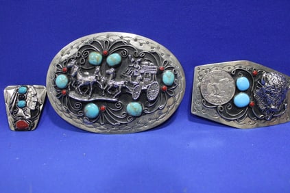 Silver Belt Buckles w/ Turquoise & Coral