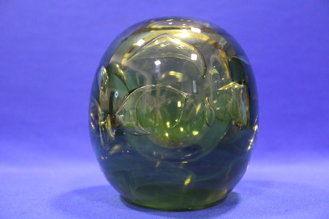1973 Labino Rounded Form w/ Interior Bubbles: Hollow interior with bubbles formed in thick sides, One of several signed art glass selling throughout this sale.