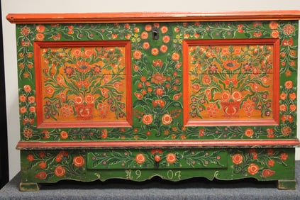 Date 1907 Highly Paint-Decorated Blanket Box