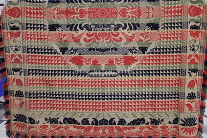 Red, Navy, Ecru Coverlet w/ Floral Border