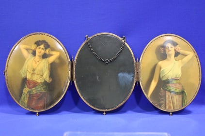 Victorian 3-Section Folding Mirror w/ Lady Images