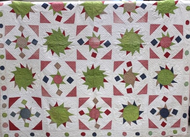 Early 20th C Pink & Lime Green Sunburst Quilt