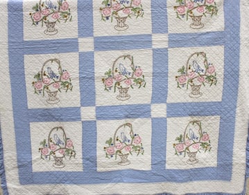 Blue & White Embroidered Quilt w/ Ruffle Edge