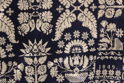 1849 Navy, Ecru Coverlet w/ Floral Basket Border