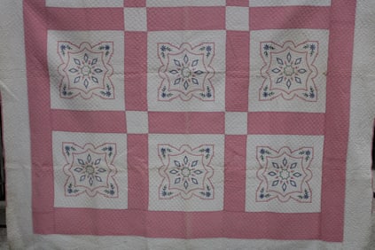 Pink & White 9 Block Cross Stitched Quilt