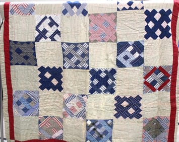 1850-90 Beige w/ Red Cross-Block Quilt