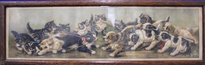 1901 Yard Long Litho Print of Kittens Tug of War