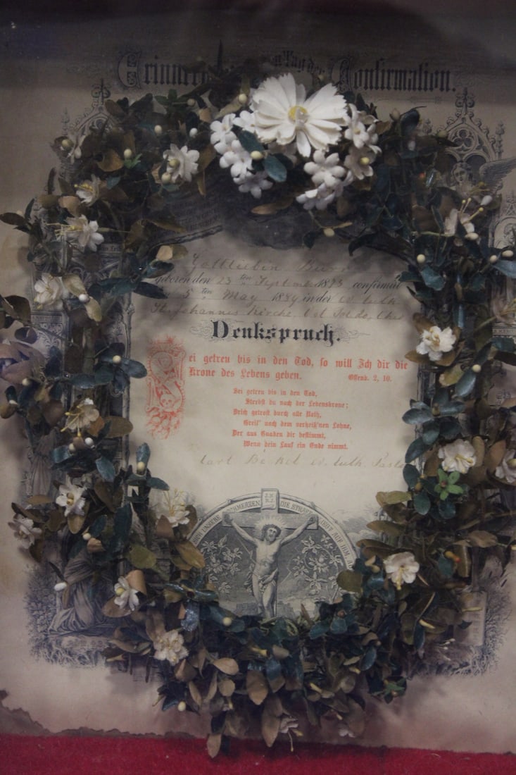 1889 Small Memorial Wreath Deep Frame: Background with memorial paper in German, 14 x 16 x 5" D