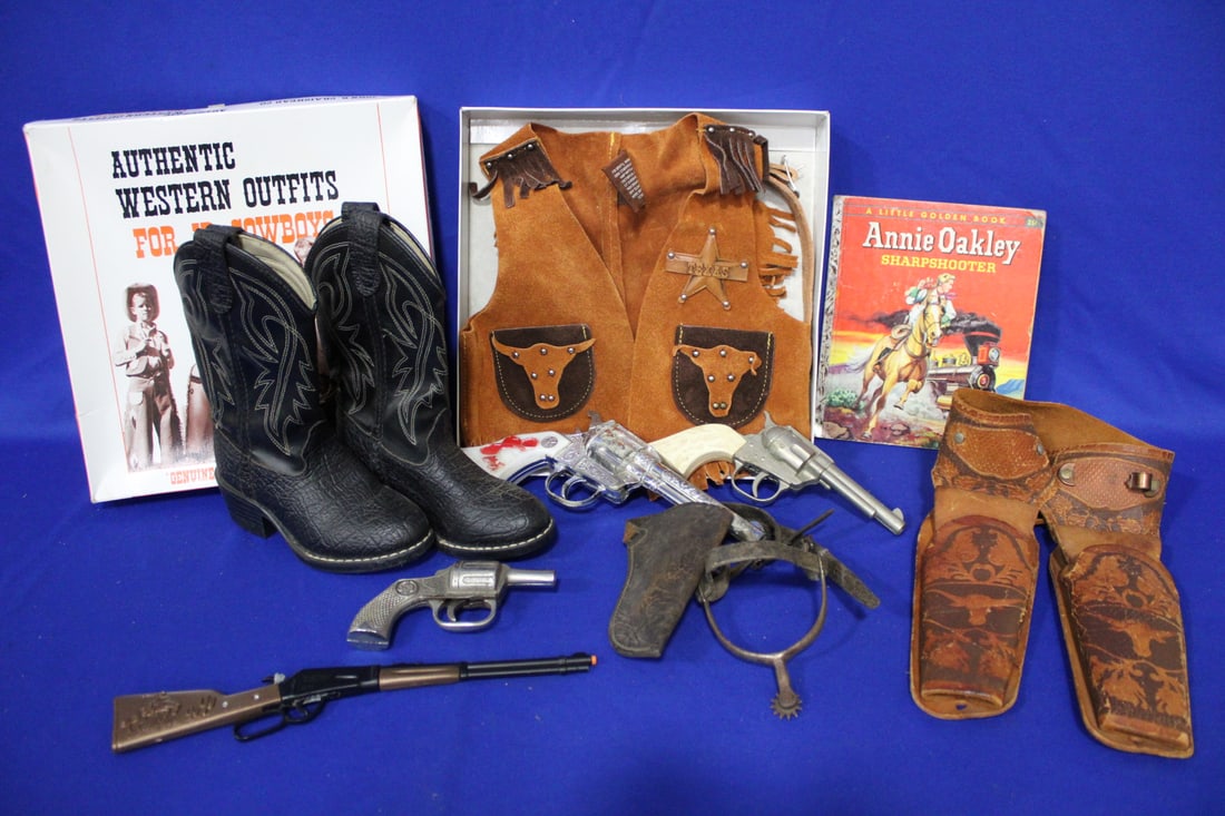 Small Child's Unused Cowboy Outfit & Much More: Outfit in original box, sold by John R Craighead Co.; size small; 2) "Bronco" vintage small child's cowboy boots, size 9D; 3) early antique spur (1 only) and small gun holster; 4) Wizard cast metal wa