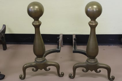 19th C Brass Cannon Ball Andirons / Firedogs