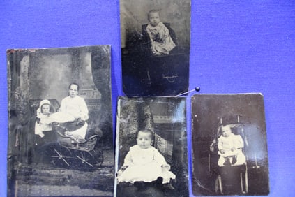 Tintypes Girl & Babies w/ Wicker Buggies & Doll
