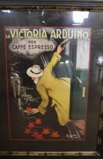 Rare 1922 Lithographed Coffee Expresso Poster: Vintage offset lithograph advertising an expresso coffee machine poster, "La 'Victoria Arduino' Per Caffe Espresso", by Leonetto Cappiello, In 1922 Victoria Arduino invested in advertising. One of the