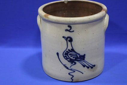 Heavy Cobalt Decorated Bird Stoneware Crock