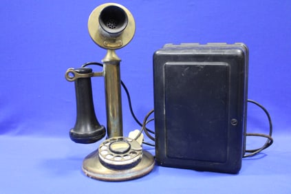 1900s Brass Candlestick Telephone w/ Dial & Box