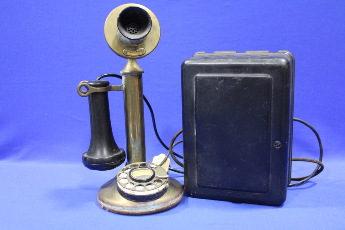 1900s Brass Candlestick Telephone w/ Dial & Box (1 of 4)