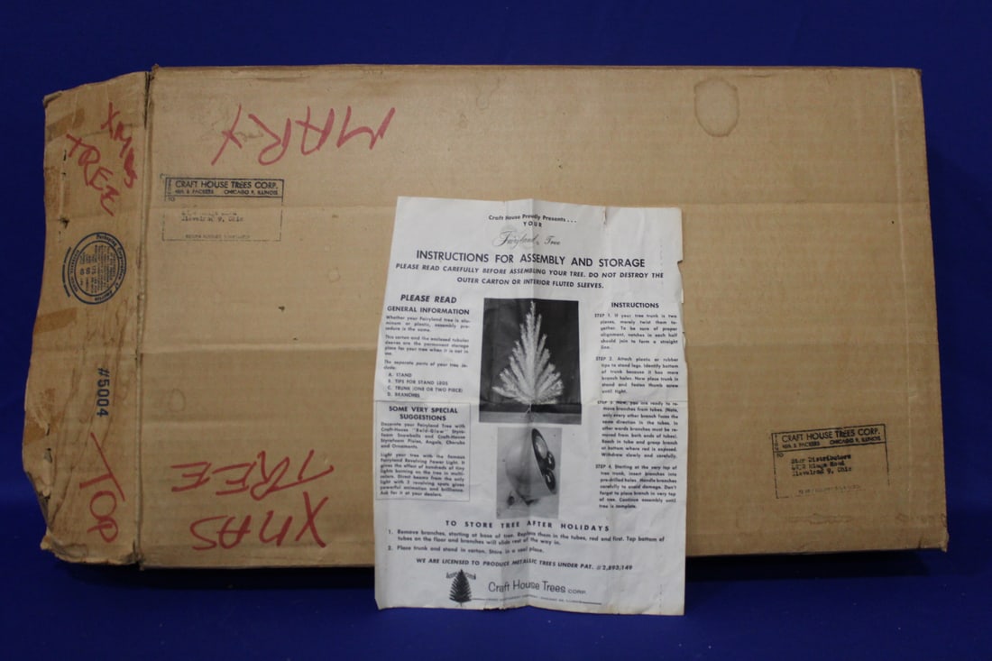 Fairyland Aluminum Christmas Tree in O/box: Model #5004, 4 feet high, 25 branches, in original box.