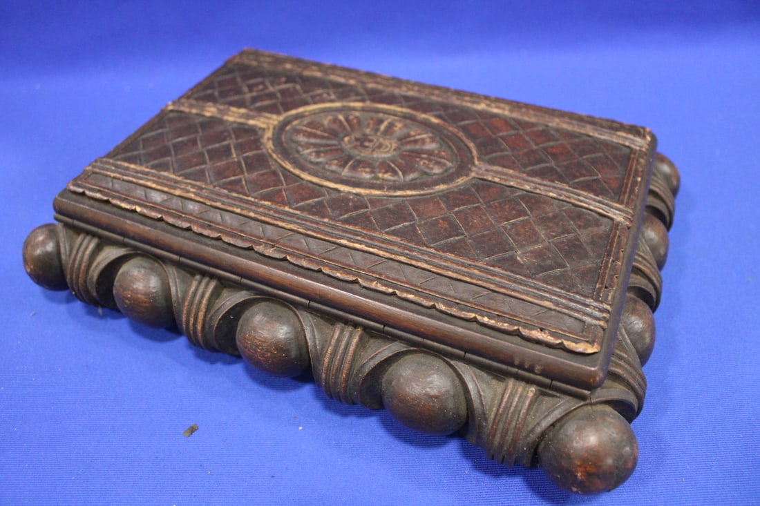 1930-40s Heavy Ornately Carved Wooden Box: Full hinged lid, heavy carved wood, 11 1/2" L
