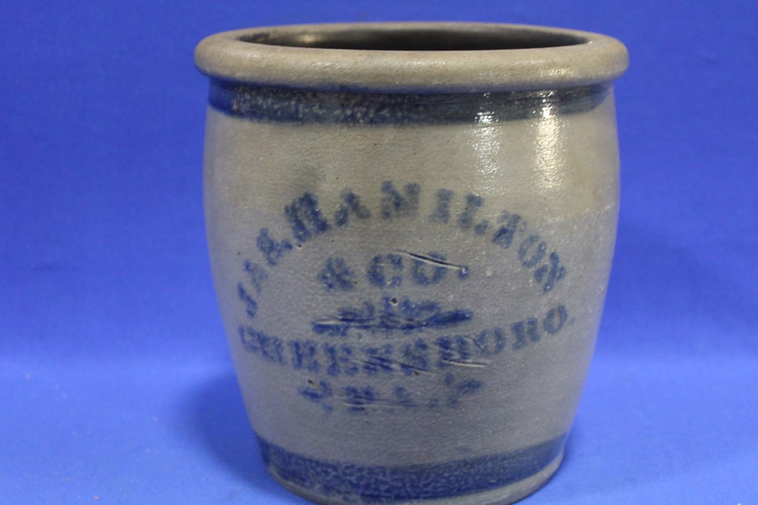 Jas Hamilton & Co Greensboro Pa Stoneware Jar: Cobalt stenciled stoneware jar w/ wide cobalt stripes at top and bottom, 8 1/4" H. Hairline crack, see photo.