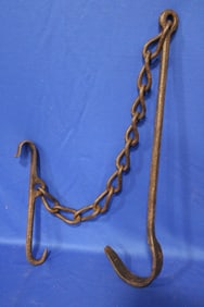 17th C Rare Forged Iron Hearth Fireplace Crane