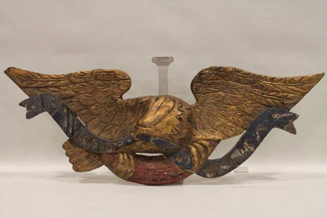 New England Carved Eagle with Banner Stern Board Pl: New England carved eagle stern board plaque depicting a relief-carved spreadwing eagle holding a dark blue banner with "Live Free or Die", American shield in its talons, 46" wing span.